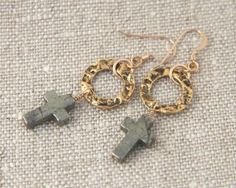 Lucy Earrings: Pyrite crosses on antique gold plated pewter rings; 14k gold fill ear wires