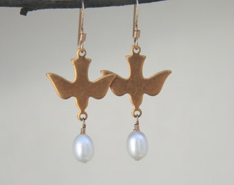 Evelyn Earrings: Darling golden brass dove earrings with creamy white freshwater pearl drops on 14k gold-filled ear wires