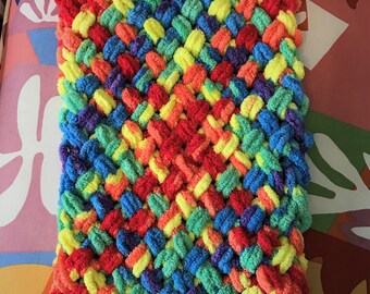 Small Hand-knit Variegated Rainbow Colored Chenille Cat Mat, Pet Bed, Blanket, Small Dog, Crate Pad, Furniture Protector