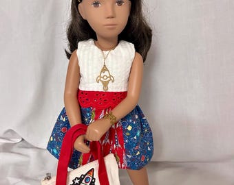Sasha bezoekt NASA - 7-delige outfit - rok, top, sneakers, haarband, armband, ketting en draagtas