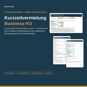 Könnte beinhalten: Ein digitales Business-Kit für Kurzzeitvermieter mit einem Excel-Cockpit für Buchungen und Steuern sowie vier rechtssicheren Word-Vorlagen: Beherbergungsvertrag, Meldeschein, Übergabeprotokoll und Stornobedingungen in deutscher Sprache.