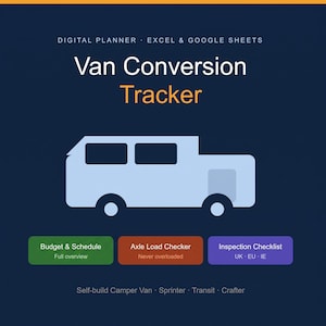 May include: A digital planner for Excel and Google Sheets titled Van Conversion Tracker. The graphic features a light blue van silhouette on a dark blue background with three buttons: Budget & Schedule, Axle Load Checker, and Inspection Checklist.