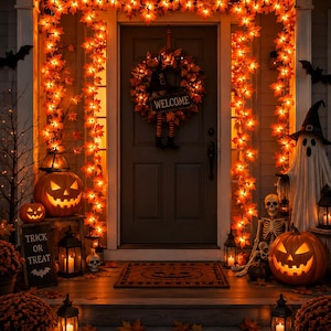 Puede incluir: Un porche decorado para Halloween con guirnaldas de hojas de arce naranjas brillantes, dos calabazas talladas, un esqueleto, una figura de fantasma con sombrero de bruja, linternas y un letrero que dice TRICK OR TREAT y WELCOME en una corona.