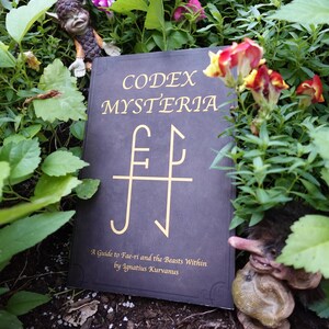 Op de afbeelding: Een donkerbruin boek met de titel CODEX MYSTERIA in gouden letters en een centraal gouden symbool. De ondertitel luidt A Guide to Fae-ri and the Beasts Within door Ignatius Kurvanus. Twee kleine, gedetailleerde koboldachtige figuren flankeren het boek.