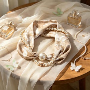 May include: A beige silk scarf featuring a white butterfly pattern, cinched with a large central pearl bead and a strand of smaller white pearls. The scarf is arranged in a circular shape, accented by two glass perfume bottles and pearl necklaces.