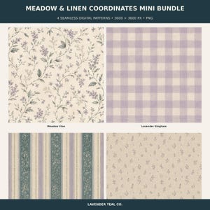 Op de afbeelding: Een digitale bundel getiteld MEADOW & LINEN COORDINATES MINI BUNDLE met vier naadloze patronen: een crèmekleurige achtergrond met paarse bloemenranken, een lavendel en witte gingham ruit, verticale strepen met bloemaccenten en een crèmekleurige bloemenprint.