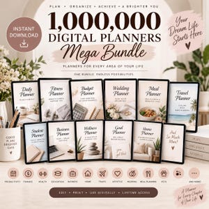 May include: A digital planner mega bundle featuring 1,000,000 planners for every area of life. The display shows various covers including daily, fitness, budget, wedding, meal, travel, student, business, wellness, goal, and home planners with icons.
