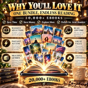 May include: A digital bundle of 20,000+ ebooks displayed on a tablet screen with a glowing open book graphic. The image features text including WHY YOU'LL LOVE IT, ONE BUNDLE, ENDLESS READING, and various benefit icons. A mug and glasses are nearby.