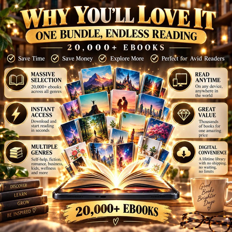 May include: A digital bundle of 20,000+ ebooks displayed on a tablet screen with a glowing open book graphic. The image features text including WHY YOU'LL LOVE IT, ONE BUNDLE, ENDLESS READING, and various benefit icons. A mug and glasses are nearby.