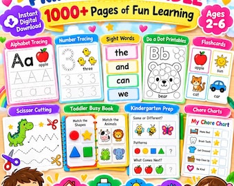 以下が含まれることがあります： 2歳から6歳向けの1000ページ以上の未就学児用プリント教材セット。アルファベットや数字のなぞり書き、サイトワード、ドット練習、フラッシュカード、ハサミの練習、アクティビティブック、幼稚園準備、お手伝いチャートが含まれています。