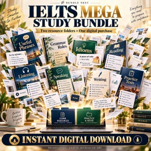 Op de afbeelding: Een digitale IELTS Mega Study Bundle met diverse educatieve bronmappen, waaronder gidsen voor grammatica, idioom, lezen, luisteren, spreken en schrijven, weergegeven met een laptop en een mok met de tekst Better English Brighter You.