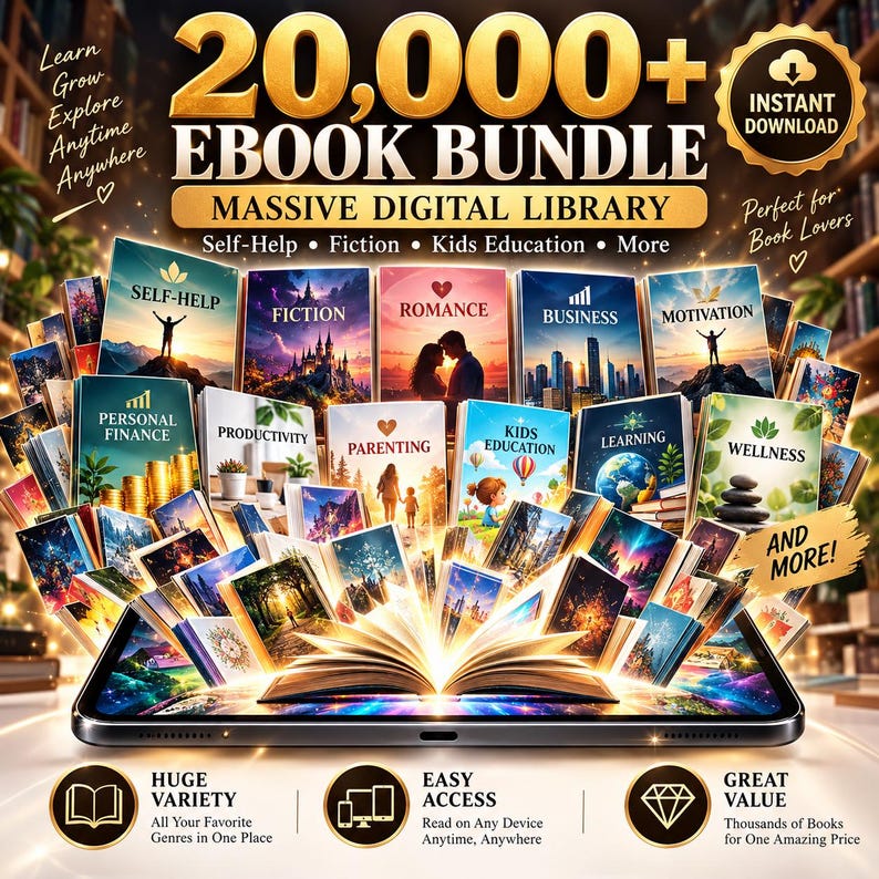 May include: A digital graphic displaying a 20,000+ Ebook Bundle with a massive digital library. The image features numerous book covers categorized by genre, including Self-Help, Fiction, Romance, Business, Motivation, Finance, and Wellness.