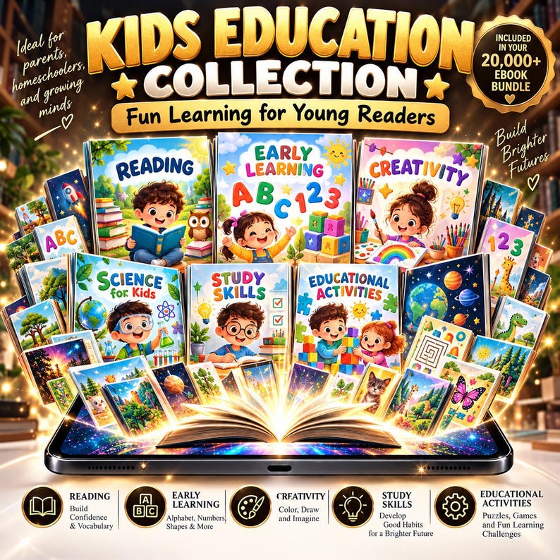 May include: A digital collection of educational ebooks for children displayed on a tablet screen. The collection features titles like Reading, Early Learning ABC 123, Creativity, Science for Kids, Study Skills, and Educational Activities with illustrations.