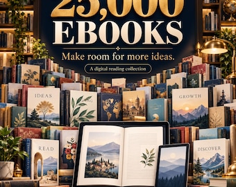 以下が含まれることがあります： 25,000冊の電子書籍コレクション。大きく開いた本と風景画像を表示するタブレットが中央にあり、Ideas、Growth、Discoverなどのタイトルが記された多数のハードカバー本が、暗い図書館の背景の中に配置されています。