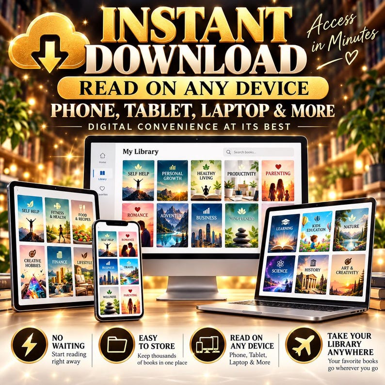 May include: A digital library display on a computer monitor, tablet, and smartphone showing various book categories like self-help, romance, and business. Text includes INSTANT DOWNLOAD, READ ON ANY DEVICE, and NO WAITING, EASY TO STORE, TAKE YOUR LIBRARY ANYWHERE.