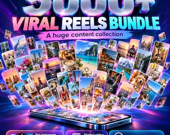以下が含まれることがあります： 5000+ VIRAL REELS BUNDLEおよびA huge content collectionというテキストが記載されたデジタル製品広告。多数のビデオサムネイルを表示するスマートフォンの上に、ソーシャルメディアアイコンとテキストラベルが配置されています。