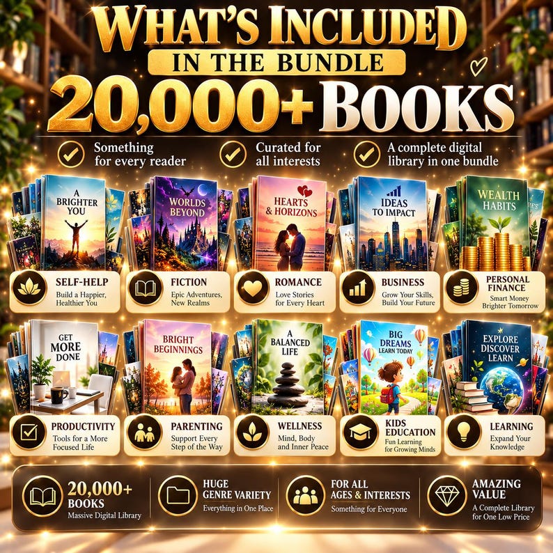 May include: A digital bundle of 20,000+ books featuring various categories including self-help, fiction, romance, business, personal finance, productivity, parenting, wellness, kids education, and learning, displayed with gold text and icons.