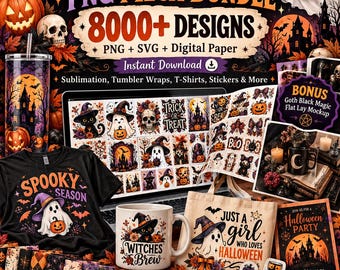 以下が含まれることがあります： 8000種類以上のグラフィックを含むハロウィーンデザインのデジタルバンドル。幽霊、カボチャ、ドクロ、猫などのイラストが含まれています。昇華転写、タンブラー、Tシャツ、ステッカー用のPNG、SVG、デジタルペーパーファイルが、様々なテーマのモックアップと共に表示されています。