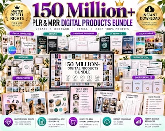 以下が含まれることがあります： 「150 Million+ PLR & MRR Digital Products Bundle」というテキストが記載されたデジタル製品バンドルの広告。Canvaテンプレート、電子書籍、AIプロンプト、ストックビデオ、ビジネスツールなどの様々なカテゴリーが、金の王冠アイコンと紫色のアクセントと共に表示されています。