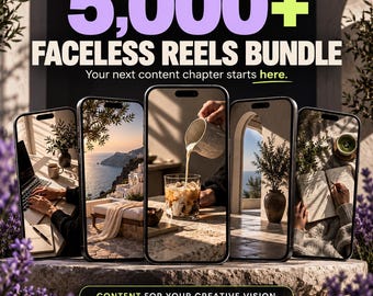 以下が含まれることがあります： 5,000+ FACELESS REELS BUNDLEというテキストが記載されたデジタル製品バンドル。ノートパソコンの作業スペース、海岸の景色、飲み物を注ぐ様子、アーチ型のパティオ、ノートに書き込む様子など、様々なライフスタイルシーンを表示する5台のスマートフォン画面が並んでいます。