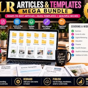 May include: A PLR Articles and Templates Mega Bundle digital product display featuring a laptop showing folder icons, a stack of labelled books, a black mug with text, and printed documents. A list of topics and editing steps are included.