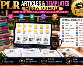 以下が含まれることがあります： PLR記事とテンプレートのメガバンドル。フォルダーアイコンが表示されたノートパソコン、ラベル付きの本の山、テキスト入りの黒いマグカップ、印刷された書類が写っています。トピックのリストと編集手順が含まれています。