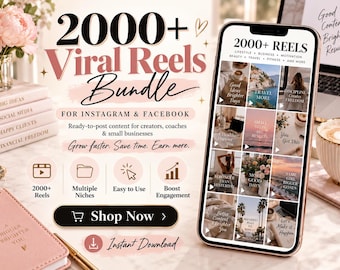 以下が含まれることがあります： InstagramおよびFacebook向けの2000以上のバイラルリールを含むデジタルマーケティングバンドル。グラフィックには、ビデオサムネイルのグリッド、テキストオーバーレイ、および複数のニッチや使いやすさを示すアイコンが表示されたスマートフォンの画面が示されています。