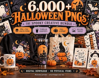 以下が含まれることがあります： 6,000点以上のハロウィーンPNG画像を含むデジタルデザインバンドル。幽霊、カボチャ、黒猫、お化け屋敷のグラフィックが特徴です。SVGファイル、タンブラー用グラフィック、秋のクリップアート、デジタルペーパーが含まれており、様々なクリエイティブなプロジェクトに使用できます。