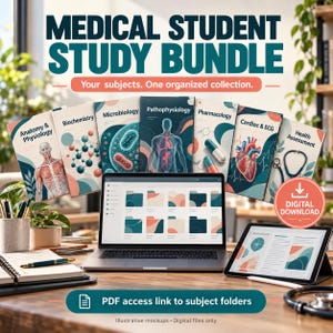 Op de afbeelding: Een digitaal studiepakket voor medische studenten met zeven onderwerpgidsen getiteld Anatomy & Physiology, Biochemistry, Microbiology, Pathophysiology, Pharmacology, Cardiac & ECG en Health Assessment, weergegeven met een laptop en tablet.