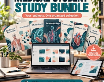 以下が含まれることがあります： Anatomy & Physiology、Biochemistry、Microbiology、Pathophysiology、Pharmacology、Cardiac & ECG、Health Assessmentと題された7つの主題ガイドを含む医学部生向けのデジタル学習バンドルで、ノートパソコンとタブレットが一緒に表示されています。