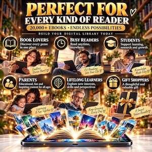 May include: A digital advertisement featuring the text PERFECT FOR EVERY KIND OF READER, 20,000+ EBOOKS, and ENDLESS POSSIBILITIES. The image displays various people using tablets to read, with a central tablet showing an open book with glowing illustrations.