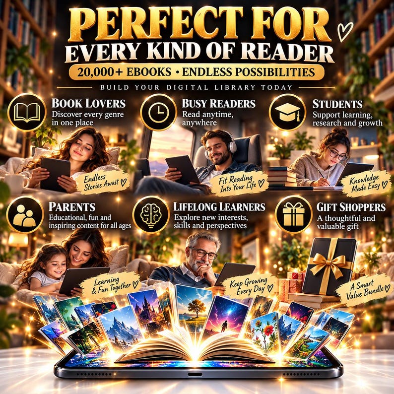 May include: A digital advertisement featuring the text PERFECT FOR EVERY KIND OF READER, 20,000+ EBOOKS, and ENDLESS POSSIBILITIES. The image displays various people using tablets to read, with a central tablet showing an open book with glowing illustrations.