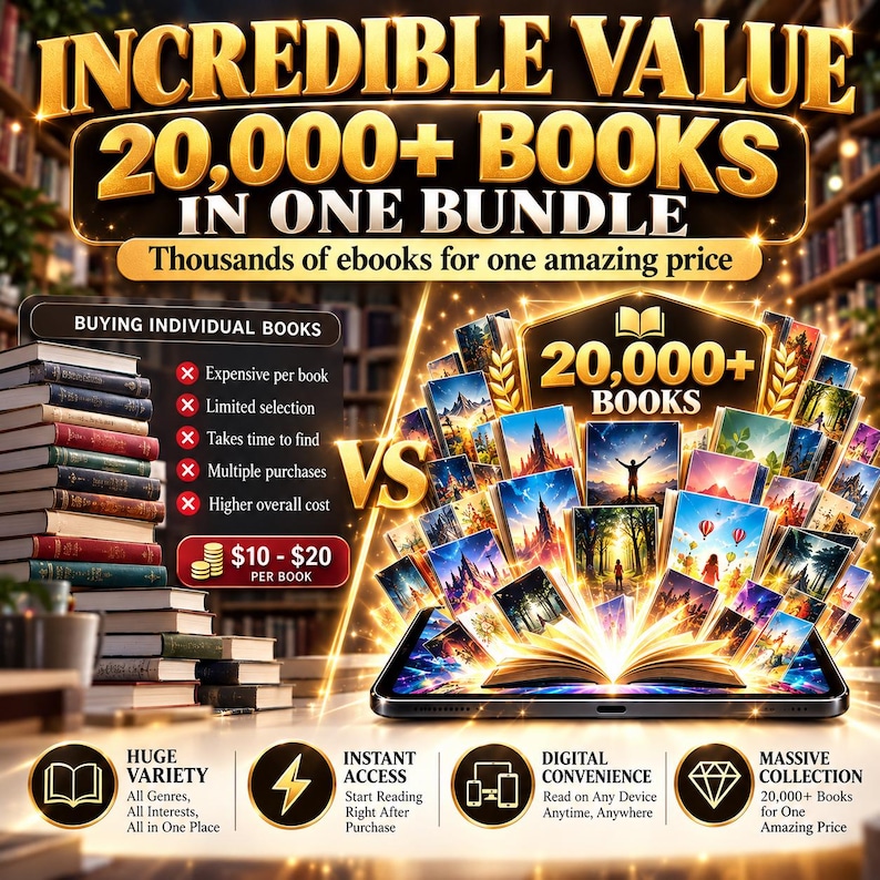 May include: A digital marketing graphic featuring a stack of physical books on the left and a tablet displaying an open book with numerous colorful book covers emerging from the screen on the right, with text stating 20,000+ BOOKS IN ONE BUNDLE.