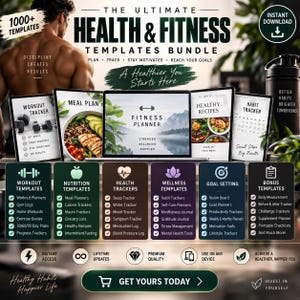 Może przedstawiać: Cyfrowy pakiet szablonów zdrowia i fitness zawierający trackery treningów, plany posiłków i dzienniki wellness. Grafika zawiera tekst, w tym The Ultimate Health & Fitness Templates Bundle, Fitness Planner oraz różne listy.