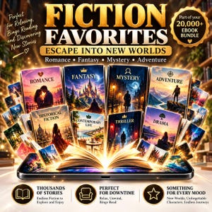 May include: A digital tablet displaying an open book with various book covers floating above it, labeled with genres like Romance, Fantasy, Mystery, Adventure, Historical Fiction, Contemporary Life, Thriller, and Drama, under the title Fiction Favorites.
