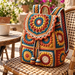 Op de afbeelding: Een handgemaakte gehaakte rugzak met een mandala-geïnspireerde klep en vierkante motieven in mosterdgeel, dieprood, teal en crème. De tas is voorzien van een trekkoordsluiting met gevlochten kwastjes en verstelbare schouderbanden.