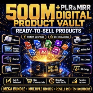 Paket med 500+ miljoner PLR- och MRR-digitala produkter | Mallar för kommersiellt bruk, e-böcker, utskrivbara material (digital nedladdning)