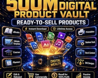 May include: A digital product vault graphic featuring the text 500M+ PLR & MRR DIGITAL PRODUCT VAULT READY-TO-SELL PRODUCTS. The image displays various file icons like PDF, DOC, and PPT emerging from a glowing chest labelled DIGITAL WEALTH.