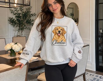 Custom Dog Line Art Sweatshirt, Personalized Pet Portrait Crewneck, Dog Mom Dog Dad Sleeve Print, Dog Name Pullover, Pet Lover Gift
