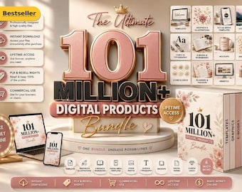 以下が含まれることがあります： The Ultimate 101 Million+ Digital Products Bundleというテキストが表示されたデジタル製品バンドル。ノートパソコン、スマートフォン、書籍セット、テンプレート、グラフィック、フォント、モックアップを表す様々なアイコンが含まれています。