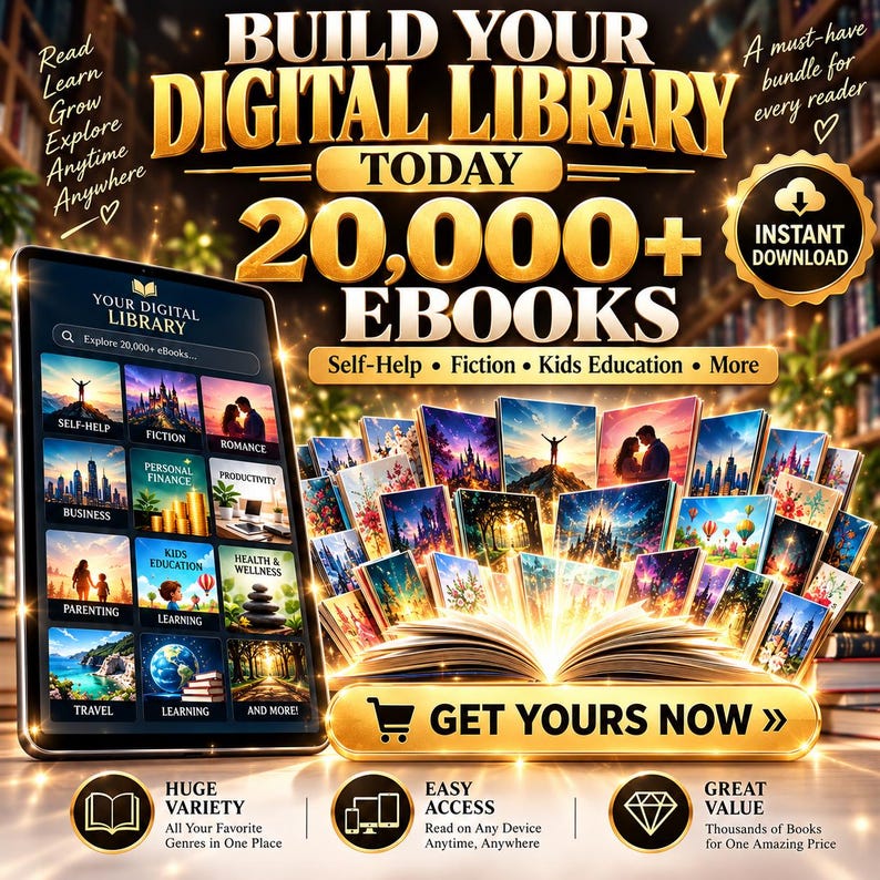 May include: A digital library bundle advertisement featuring a tablet displaying book categories and a large collection of ebook covers. Text includes BUILD YOUR DIGITAL LIBRARY TODAY 20,000+ EBOOKS, Self-Help, Fiction, Kids Education, and GET YOURS NOW.