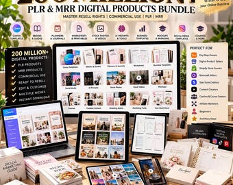 May include: A digital products bundle featuring 200 million plus PLR and MRR items. The display includes a computer monitor, laptop, and tablet showing various templates, planners, and guides, alongside printed booklets and marketing icons.