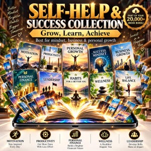 May include: A digital collection of self-help ebooks displayed on a tablet screen. The graphic features titles like Motivation, Productivity, Personal Growth, and Business Growth. Text includes Self-Help & Success Collection and 20,000+ Ebook Bundle.