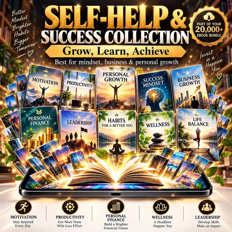 May include: A digital collection of self-help ebooks displayed on a tablet screen. The graphic features titles like Motivation, Productivity, Personal Growth, and Business Growth. Text includes Self-Help & Success Collection and 20,000+ Ebook Bundle.