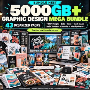 Pode incluir: Um pacote de design gráfico digital com o texto BUNDLE NEST 5000GB+ GRAPHIC DESIGN MEGA BUNDLE e 43 ORGANIZED PACKS. A exibição inclui vários materiais impressos, camisetas e telas digitais mostrando modelos de design, ícones e imagens.