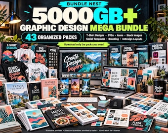 以下が含まれることがあります： BUNDLE NEST 5000GB+ GRAPHIC DESIGN MEGA BUNDLEおよび43 ORGANIZED PACKSというテキストが記載されたデジタルグラフィックデザインバンドル。様々な印刷物、Tシャツ、デザインテンプレートやアイコンを表示するデジタル画面が含まれています。