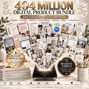 Puede incluir: Un anuncio de un paquete de productos digitales con el texto 404 MILLION DIGITAL PRODUCT BUNDLE, The Ultimate Mega Collection y varios iconos. La imagen muestra numerosas plantillas, planificadores y maquetas que irradian desde una pantalla.