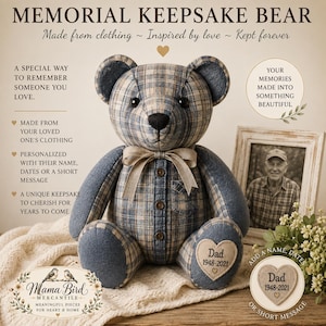 May include: A plush teddy bear crafted from blue and tan plaid fabric, featuring a beige ribbon bow at the neck, three brown buttons on the chest, and a heart-shaped patch on the foot reading Dad 1948-2021. The bear is surrounded by promotional text.