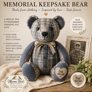 May include: A plush teddy bear crafted from blue and tan plaid fabric, featuring a beige ribbon bow at the neck, three brown buttons on the chest, and a heart-shaped patch on the foot reading Dad 1948-2021. The bear is surrounded by promotional text.