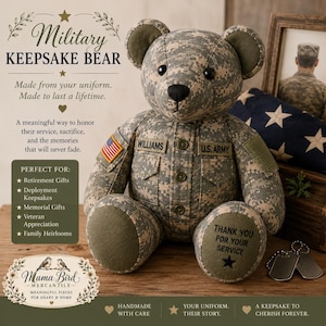 May include: A stuffed teddy bear crafted from digital camouflage military uniform fabric. The bear features a name patch reading WILLIAMS, a U.S. ARMY patch, a small American flag patch on the arm, and the text THANK YOU FOR YOUR SERVICE on its foot.